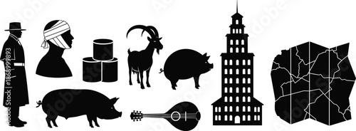 Traditional Culture Silhouette Set Featuring People Animals Architecture Music Map Icons For Folk Heritage History Travel Vector Illustration Design Collection