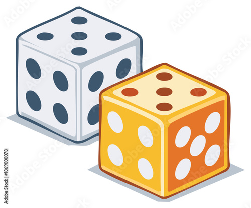 Two colorful dice, white and yellow, showing dots in a graphic illustration style