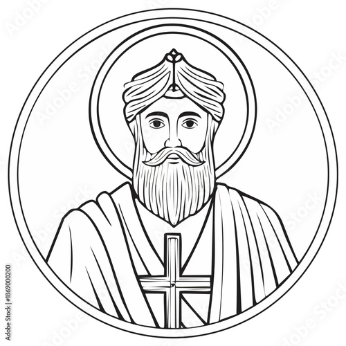 Religious figure with turban and cross in circular frame, black and white illustration