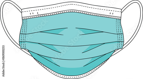 Disposable medical face mask illustration with elastic ear loops, flat blue surgical vector icon for healthcare, hygiene, safety awareness use