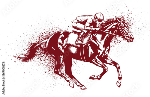 Dynamic horse racing illustration featuring professional jockey riding galloping racehorse, vintage engraved style vector art for sports betting branding