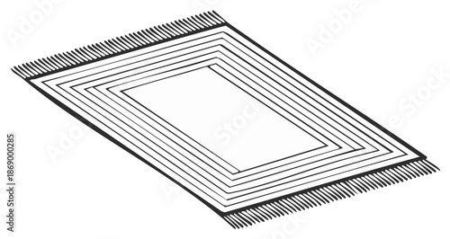 Hand drawn rectangular rug with concentric borders and fringed edges graphic illustration