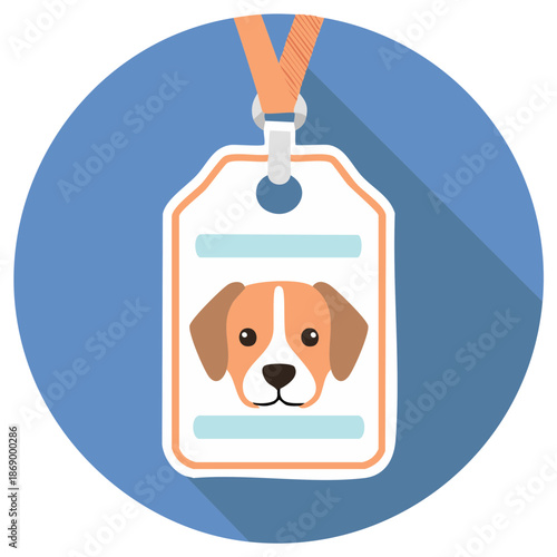 Cute Dog Breed Animal Tag Icon with Lanyard and Blue Circular Background Flat Design Style for Pet Identification