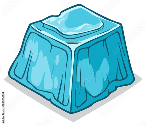 Cartoon illustration of an ice cube with a water effect.