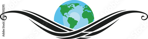 Earth globe illustration emerging from abstract flowing waves, modern environmental vector icon for global ecology, sustainability, planet care awareness concept