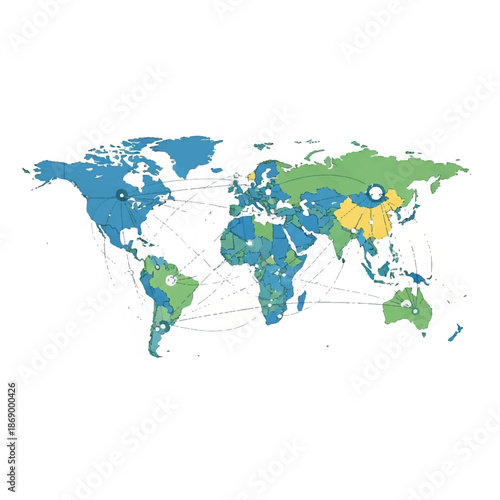 Aerial view of the world map highlighting different countries and continents in various colors