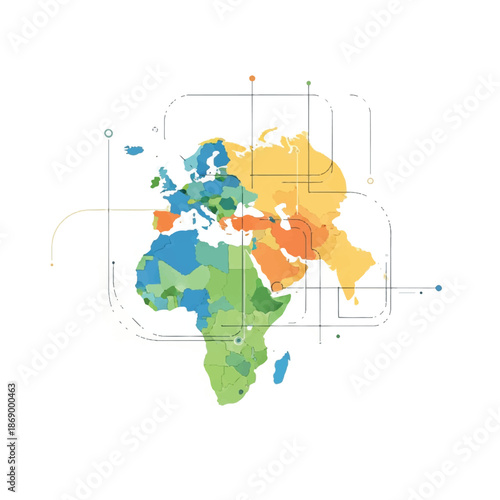 A colorful map of the world with continents and countries highlighted in different hues and overlaid with a grid pattern