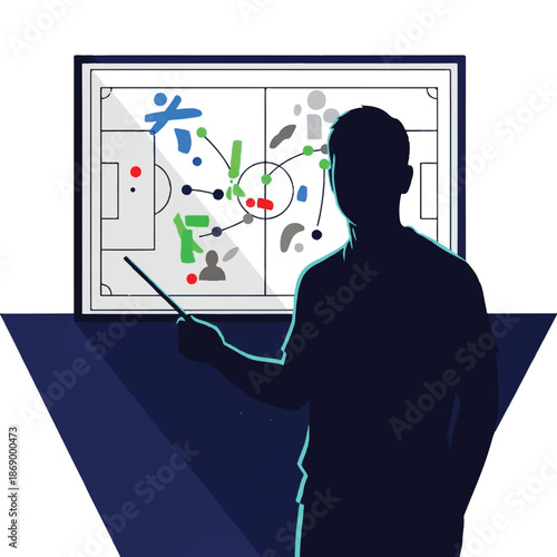 A coach strategizes with a team on a digital football field diagram