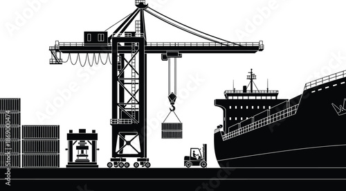 Container port crane silhouette vector illustration, cargo ship loading at industrial harbor terminal, maritime shipping logistics scene isolated on white