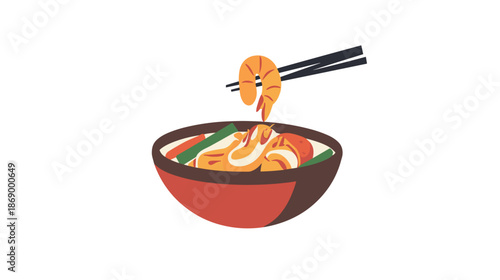 Bowl of Noodles with Shrimp Being Eaten.