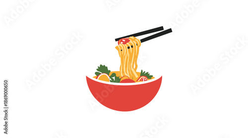 Bowl of Noodles with Vegetables and Chopsticks.