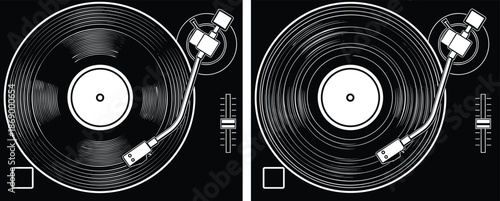 DJ turntable vinyl record silhouette vector illustration, analog music player deck with tonearm, retro audio equipment design, isolated on white background