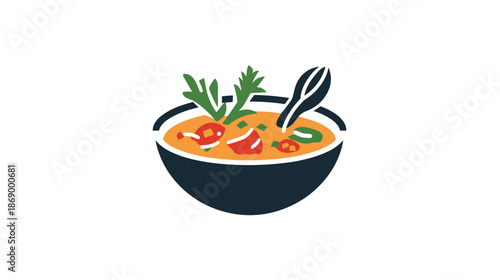 Bowl of Soup with Herbs and Spoon.