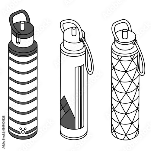 Water Bottle Object Variations Vector Set. Hydration & Health Beverage Icons.