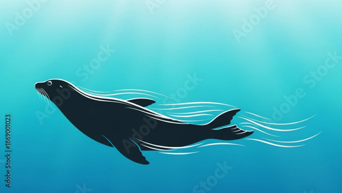 A sleek black seal swims through crystal clear blue ocean water with sunbeams shining down with swimming and marine life with underwater