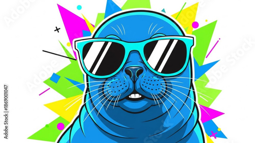 A blue seal wearing turquoise sunglasses with colorful geometric shapes in the background looking cool and trendy with a hint with fun