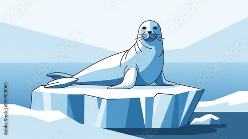 A seal sitting on an iceberg in the middle of the ocean with a calm sea and mountainous background under a bright sky with cartoon with cold