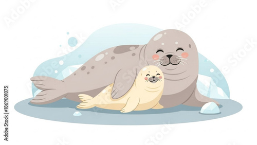 A heartwarming illustration of a large gray seal and a small beige seal pup cuddling on a floating ice patch surrounded by melting with cute