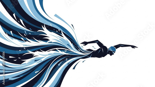 A dynamic illustration of a swimmer in motion with flowing blue and white streaks suggesting speed and movement through water with swimming