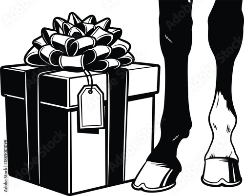 Horse legs with gift box silhouette vector illustration, equestrian surprise present concept, farm animal hooves beside wrapped box, isolated on white background