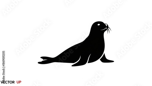 A black silhouette of a seal lying on its stomach with whiskers visible looking upwards on a white background with vector with illustration