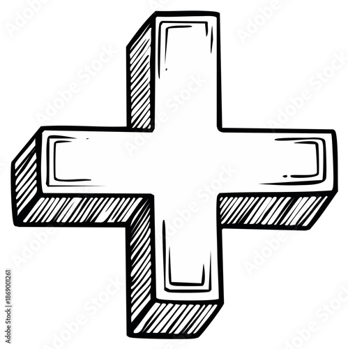Hand-drawn 3D plus sign symbol representing addition, positivity, and advantage