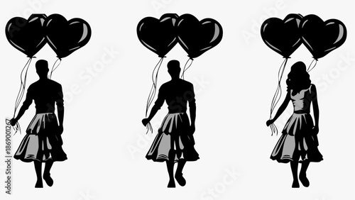 Silhouettes of people holding heart balloons in elegant dresses