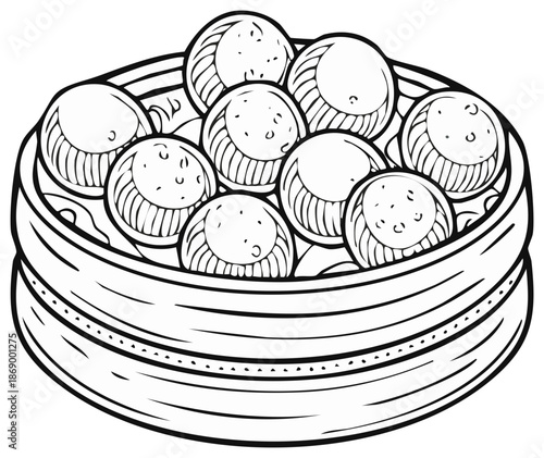Line art illustration of a traditional bamboo steamer filled with delicious Asian steamed dumplings