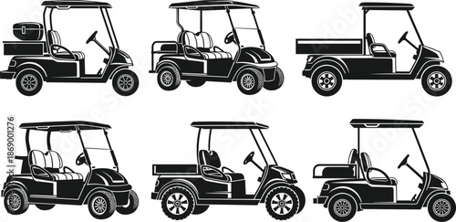 Golf cart vector illustration set, electric buggy silhouettes for sports and utility, transport icons for club car maintenance, golf course vehicle graphics, black silhouettes.