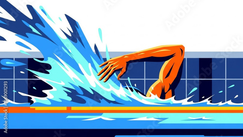 Swimmer dives into a pool with a splash creating a dynamic movement in the water with a tiled wall in the background with diving with sports