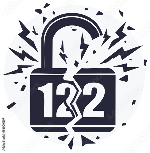 Vector illustration of a shattered padlock with numbers symbolizing a security breach or breaking free
