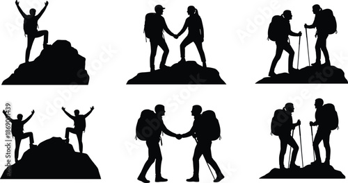 Mountain hiking silhouettes of travelers with backpacks, climbers reaching summit, shaking hands in success, outdoor adventure explorers isolated on white background, vector illustration