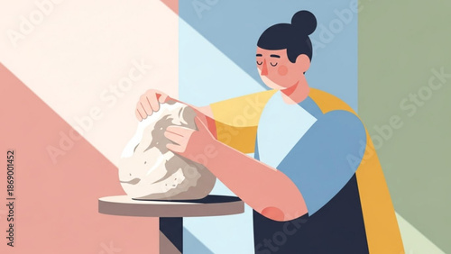 Woman wearing an apron working with clay on a pottery wheel in a studio with a colorful background creating art with creative with craft