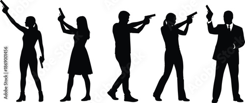 People holding guns silhouette set, men and women aiming handguns, secret agents and criminal characters, weapon poses isolated on white background, vector illustration.