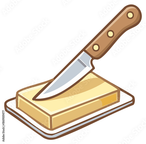 Cartoon illustration of a golden block of butter on a dish with a knife