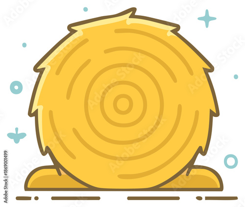Whimsical cartoon yellow hay bale with textured rings and fuzzy edges on a flat surface