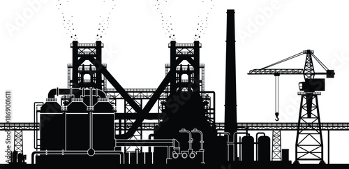 Industrial Factory Plant Silhouette Illustration, Power Station With Smoking Chimneys, Heavy Industry Manufacturing Facility, Oil Refinery And Crane Vector Icons Set, Construction Building Design.