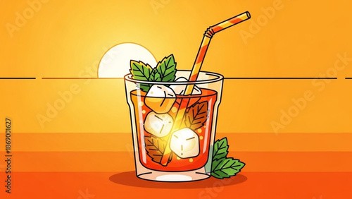 A refreshing summer cocktail with ice cubes and mint leaves in a clear glass with a straw on an orange background with the sun with drink