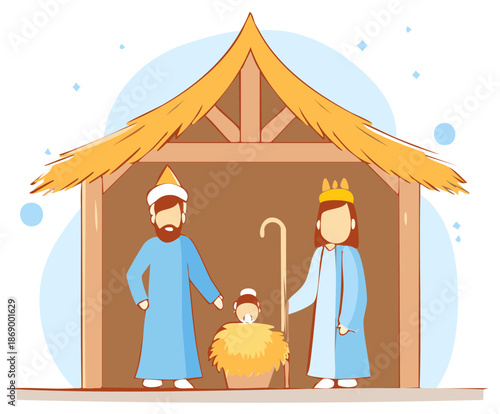Illustrated nativity scene with figures of a baby in a manger, a man in a blue robe and tall hat, and a woman in a blue robe and crown inside a stable.