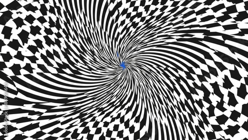 Black and white optical illusion with swirling checkered pattern and blue center point creating sense of depth and movement with geometric