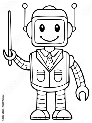 Monochrome Illustration of a Robot Teacher Holding a Pointer Stick in Class, Wearing a Vest, and Tie