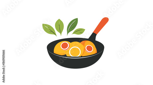 Fried Eggs in Frying Pan with Leaves.