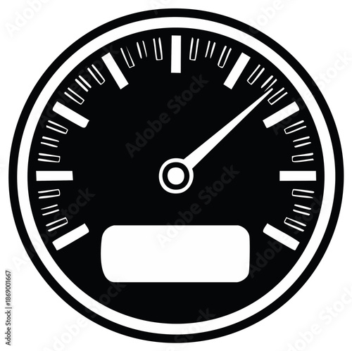 Black and white speedometer gauge illustration, retro dashboard design, digital display