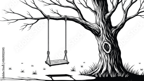 Lonely tree swing silhouette hanging from old branch, nostalgic childhood memory concept, black and white nature scene, hand drawn vector illustration