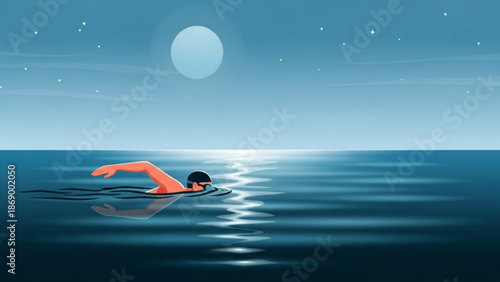 A person swims through calm ocean waters under a bright moonlight with stars in the night sky feeling free and serene with swimming with sea