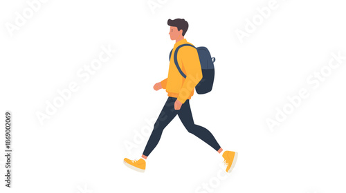 Man Walking with Backpack and Yellow Jacket.
