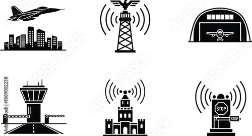 Military aviation infrastructure vector icons, communication tower, air traffic control, secure checkpoint, aircraft hangar, government facility, urban airspace, black and white illustration