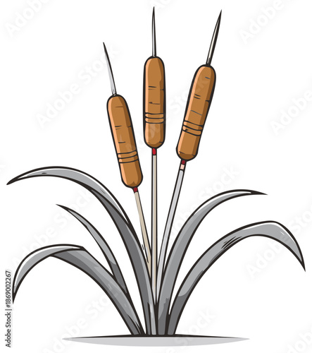 Three Cattail Plants with Brown Seed Heads and Gray Leaves Illustration
