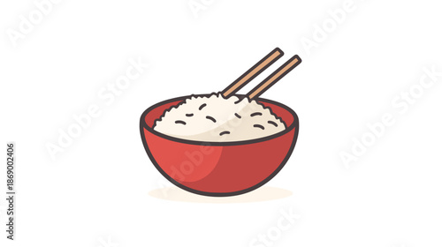 Red Bowl of Rice with Chopsticks.