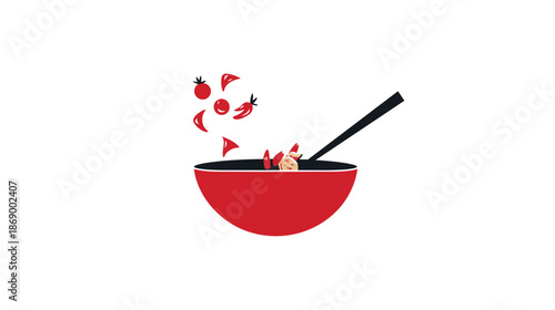 Red Bowl with Spoon and Tomatoes.